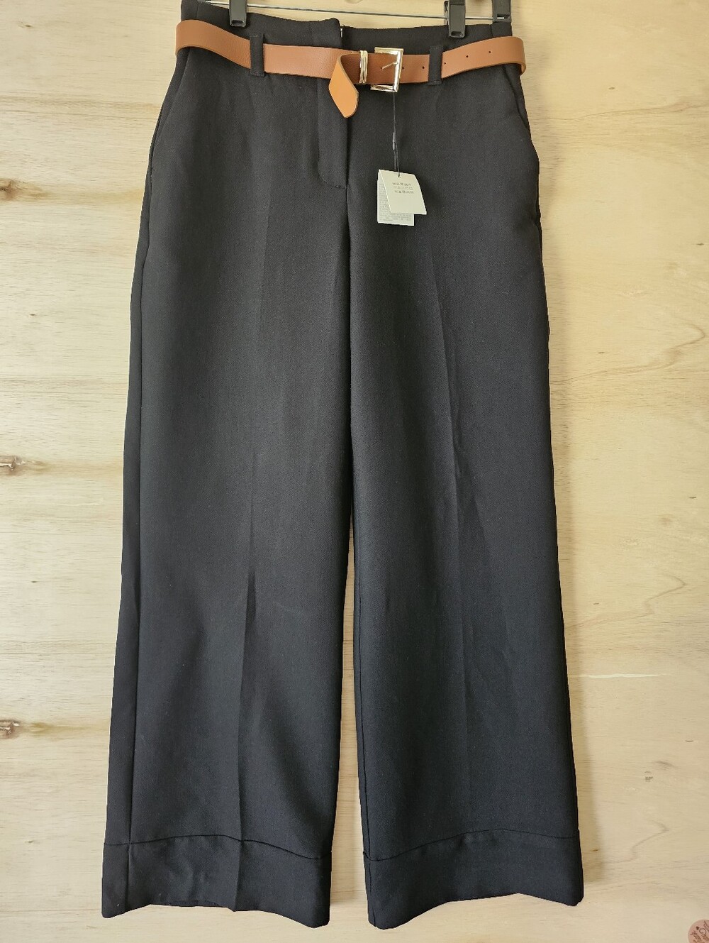 NWT Zara Belted Wide Leg Cuffed Trousers Black Size S (US 26) High Rise Pants